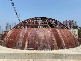 Construction RCC dome for a Hindu temple is in progress in Goa, India.
