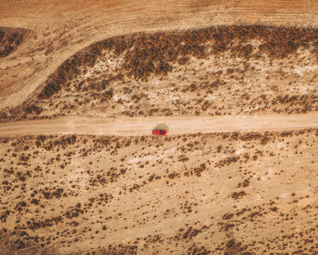 Aerial view of a desert road in Navarra, Spain.