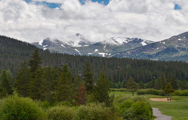 scenic view of snow covered Tenmile Peak in Rocky Mountains from Rounds Park (Breckenridge, CO)