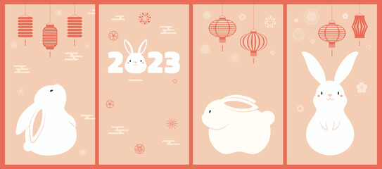 2023 Lunar, Chinese New Year cute rabbits social media stories template collection with lanterns, fireworks, flowers, clouds. Holiday background design. Hand drawn vector illustration. Flat style.