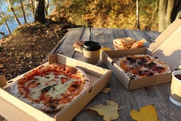 Picnic in autumn with tea and pizza