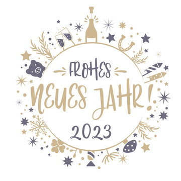 Neujahr rund 2023 Kalligrafie gold - deutscher Text