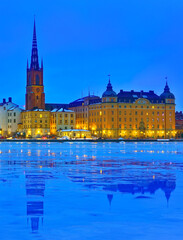 View of Stockholm, Sweden at night in winter.