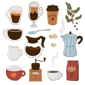 Set of coffee items isolated on white background. Vector graphics.