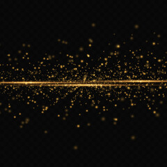 Fototapeta na wymiar Abstract stylish light effect on black background. Gold glowing neon lines. Golden glowing dust and glare. Flash Light. Light trail. Vector illustration. EPS 10