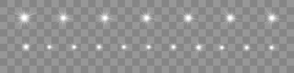 White glowing light explodes on a transparent background. Glittering magical dust particles. Bright Star. Transparent shining sun, bright flash. Vector sequins. To center a bright flash.