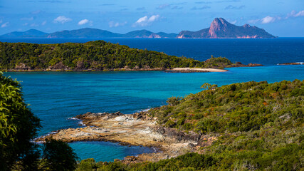 panorama of the whitsunday islands as seen from the top of a mountain near whitehaven beach  famous beaches with white sand and turquoise water  paradise islands in queensland, australia