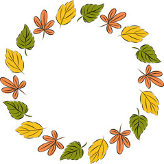 Colorful Autumnal wreath in round frame with leaves foliage. Simple cartoon flat style. Autumn composition. Holiday concept. Celebration banner. Thanksgiving day. Isolated on white.