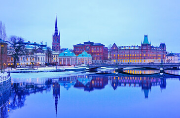 View of Stockholm, Sweden at dusk in winter.