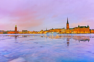 Fototapeta premium View of Stockholm, Sweden at sunrise in winter.