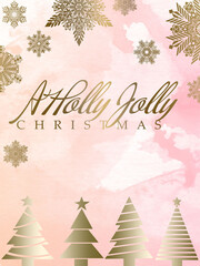 Obraz premium a holly jolly christmas golden text with golden snowflakes and christmas trees on pink watercolor background