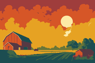 Editable cartoon-style farmland with houses under the orange shaded sky