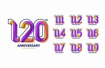 Colorful anniversary celebration logotype set. 111, 112, 113, 114, 115, 116, 117, 118, 119, 120 - obrazy, fototapety, plakaty