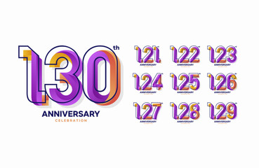 Colorful anniversary celebration logotype set. 121, 122, 123, 124, 125, 126, 127, 128, 129, 130 - obrazy, fototapety, plakaty