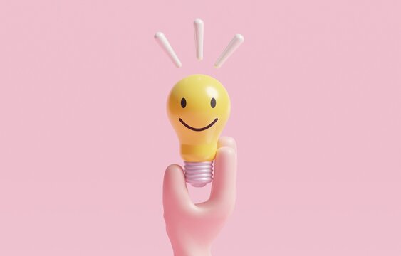 Hand holding light bulb of happy face, optimistic or positive thinking, emotional intelligence help employee get well at work concept, 3d render illustration.