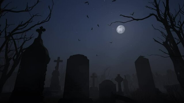 3d illustration. Birds are circling over an old abandoned cemetery under a full moon.