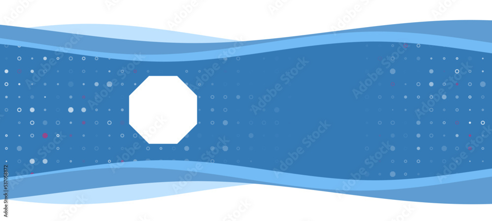 Poster blue wavy banner with a white octagon symbol on the left. on the background there are small white sh