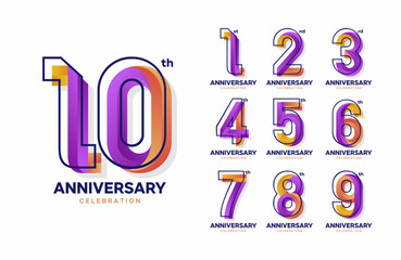 Colorful anniversary celebration logotype set. 1, 2, 3, 4, 5, 6, 7, 8, 9, 10