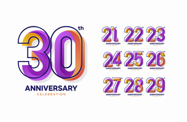 Colorful anniversary celebration logotype set. 21, 22, 23, 24, 25, 26, 27, 28, 29, 30