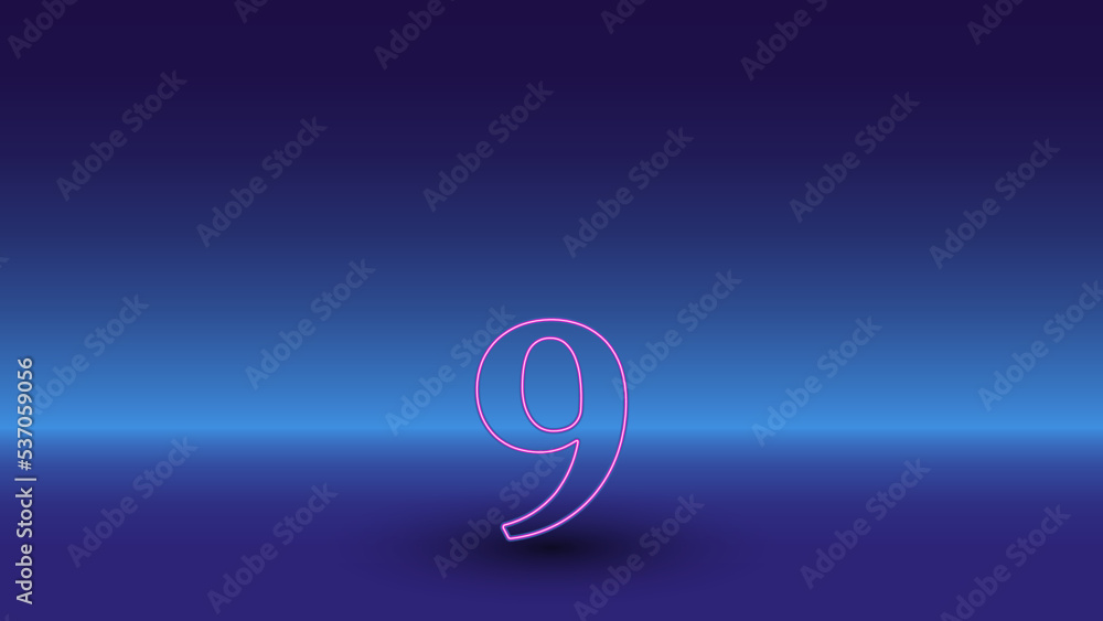 Poster neon number nine symbol on a gradient blue background. the isolated symbol is located in the bottom 