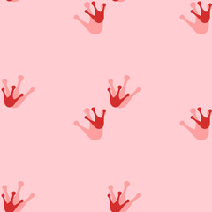 Seamless pattern of large isolated red frog tracks symbols. The elements are evenly spaced. Vector illustration on light red background