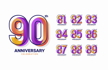 Colorful anniversary celebration logotype set. 81, 82, 83, 84, 85, 86, 87, 88, 89, 90
