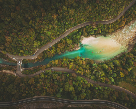 Aerial view of a road along the Isonzo river, Slovenia.