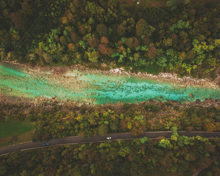 Aerial view of a road along the Isonzo river, Slovenia.