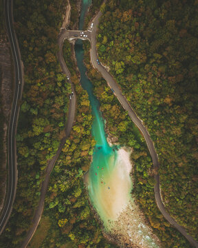 Aerial view of a road along the Isonzo river, Slovenia.