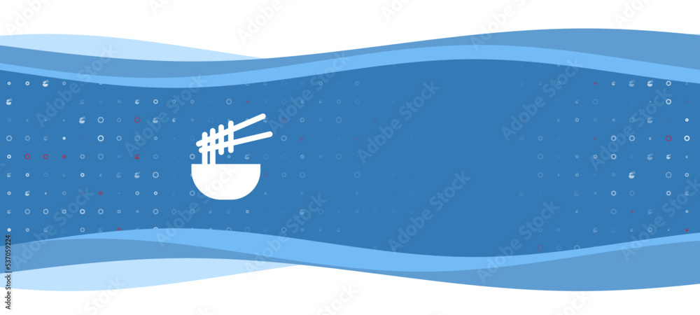 Poster blue wavy banner with a white noodle symbol on the left. on the background there are small white sha