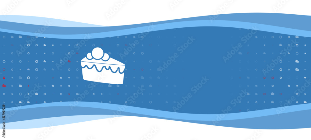 Poster Blue wavy banner with a white piece of cake symbol on the left. On the background there are small white shapes, some are highlighted in red. There is an empty space for text on the right side