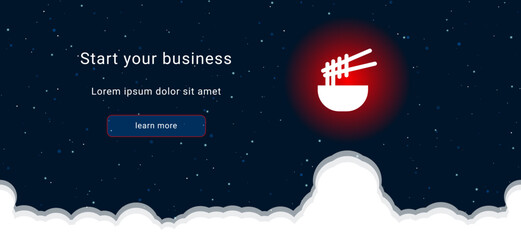 Business startup concept Landing page screen. The noodle symbol on the right is highlighted in bright red. Vector illustration on dark blue background with stars and curly clouds from below