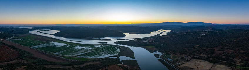 Aerial panoramic view of Algarve countryside landscape, above Arade river in Silves, a Popular Nature Destination Region, in South Portugal.