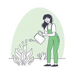 Woman Character in Overall Watering Plant Growing and Cultivating Greenery Outline Vector Illustration