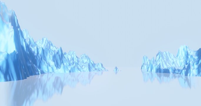 Fantasy landscape of other world, ice mountain valley. Digital painting 3d rendering