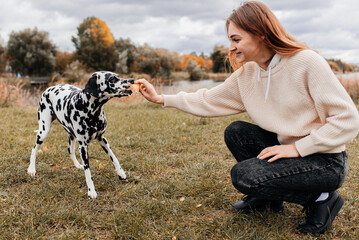 Young woman playing outdoors with Dalmatian dog