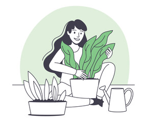 Woman Character Sitting with Plant in Pot Growing and Cultivating Greenery Outline Vector Illustration