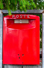 Old red mailbox close up