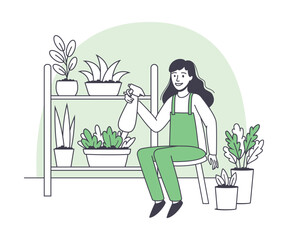 Woman Character Spraying Houseplant on Shelf Growing and Cultivating Greenery Outline Vector Illustration