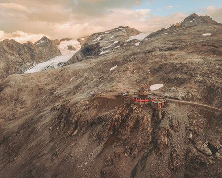 Aerial view of Tibet Restaurant on Passo dello Stelvio, Italy.