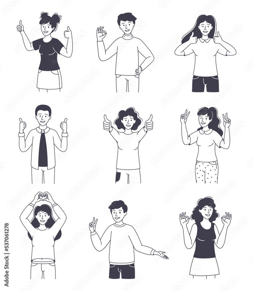 Poster people character showing positive hand gesture demonstrating emotion outline vector set