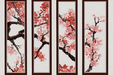 Flowers, buds and fall petals sakura on white background. Watercolor spring illustration with branches blossoming cherry, horizontal border, banner or frame for your text. © The 2R Artificiality