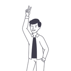 Man Character Showing V Peace Sign as Positive Hand Gesture Outline Vector Illustration