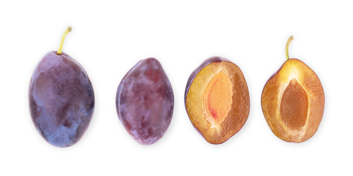 Three plums with leaves on white background