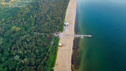 Bird's-eye shot of a long beach by a forest