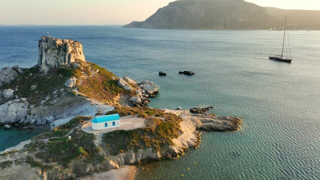 Kos island in Greece at sunset, aerial view of Agios Stefanos beach on Kos in the Mediterranean, aerial view of paradise Greek islands 