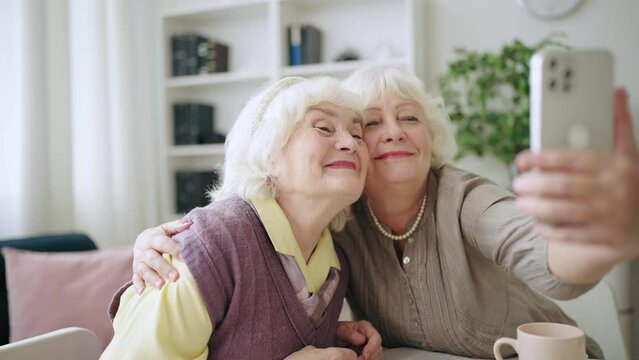 Smiling elderly sisters taking selfie using smartphone, contemporary grandmas