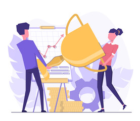 Business award. Businessmen rejoice at the victory, a man and a woman carry the cup.