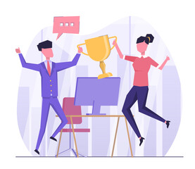 Business award. Businessmen rejoice at the victory in the office, a man and a woman holding the cup.