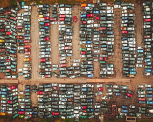 Aerial view of a car junkyard, Zeeland, the Netherlands.